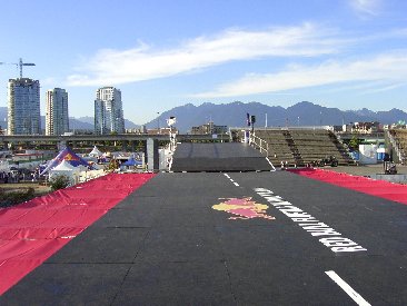 Empty Red Bull Flugtag flight deck facing the bleachers